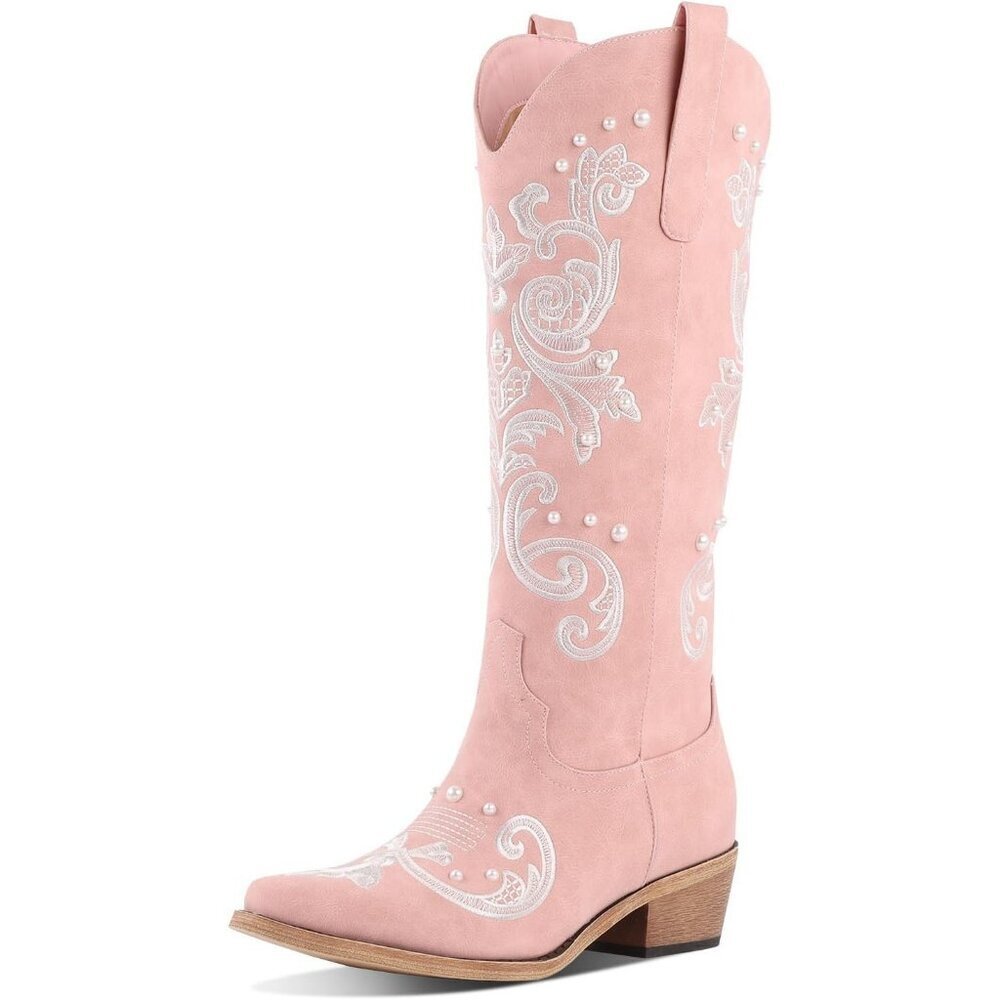 Women's Pink Knee High Embroidered Cowgirl Boots With Bow Chunky Heel Boot